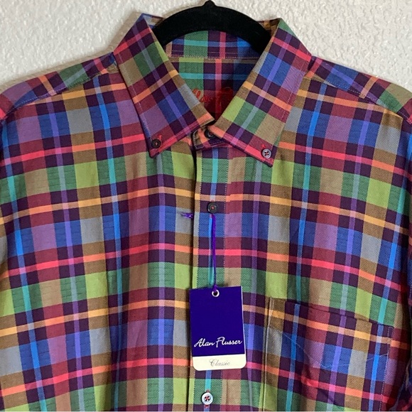 Alan Flusser Classic Plaid Button Down Shirt  L - Picture 2 of 9
